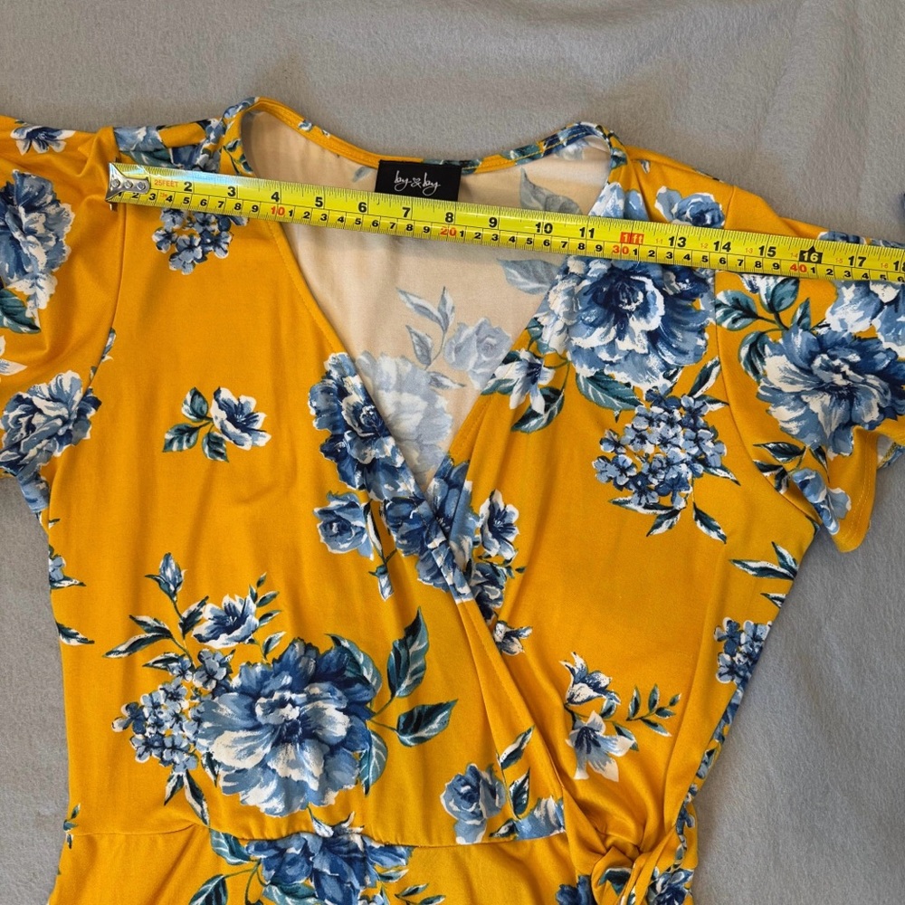 by & by | Mustard Yellow Blue Floral Wrap Maxi Dress | High-Low Hem | Size XL - Picture 7 of 10